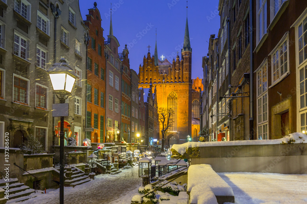 Mariacka street in Gdansk at snowy winter, Poland