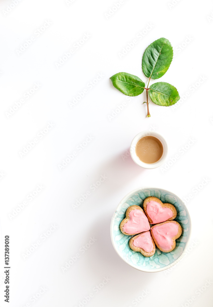 cookies for Valentine Day heartshaped white background top view pattern