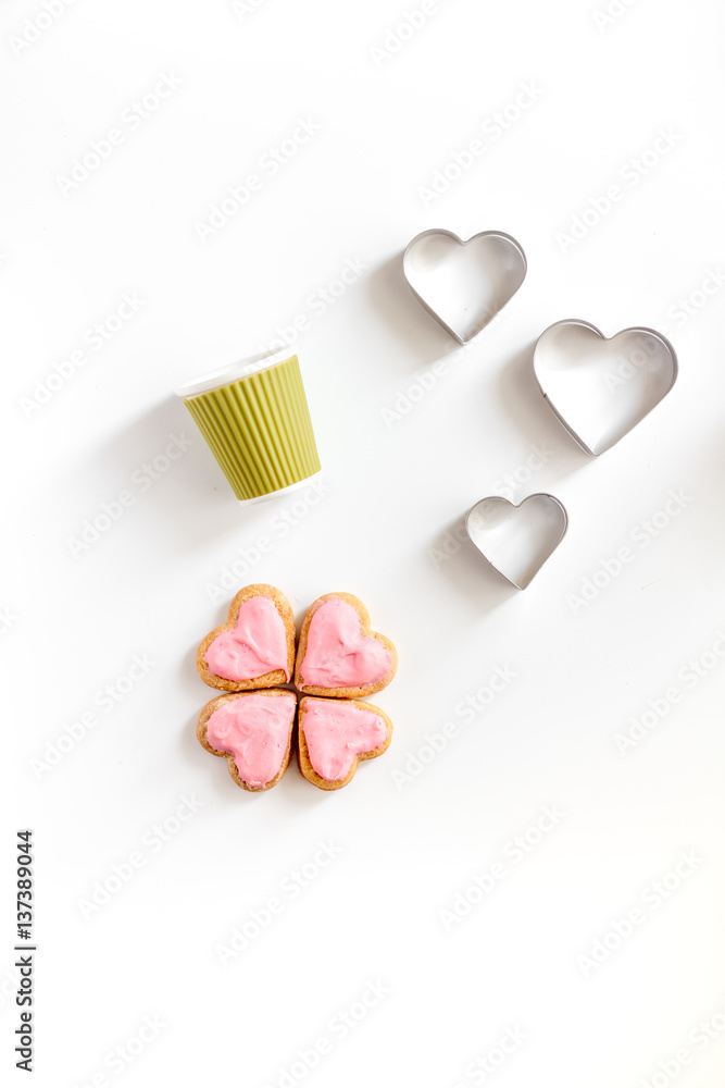 cookies for Valentine Day heartshaped white background top view pattern