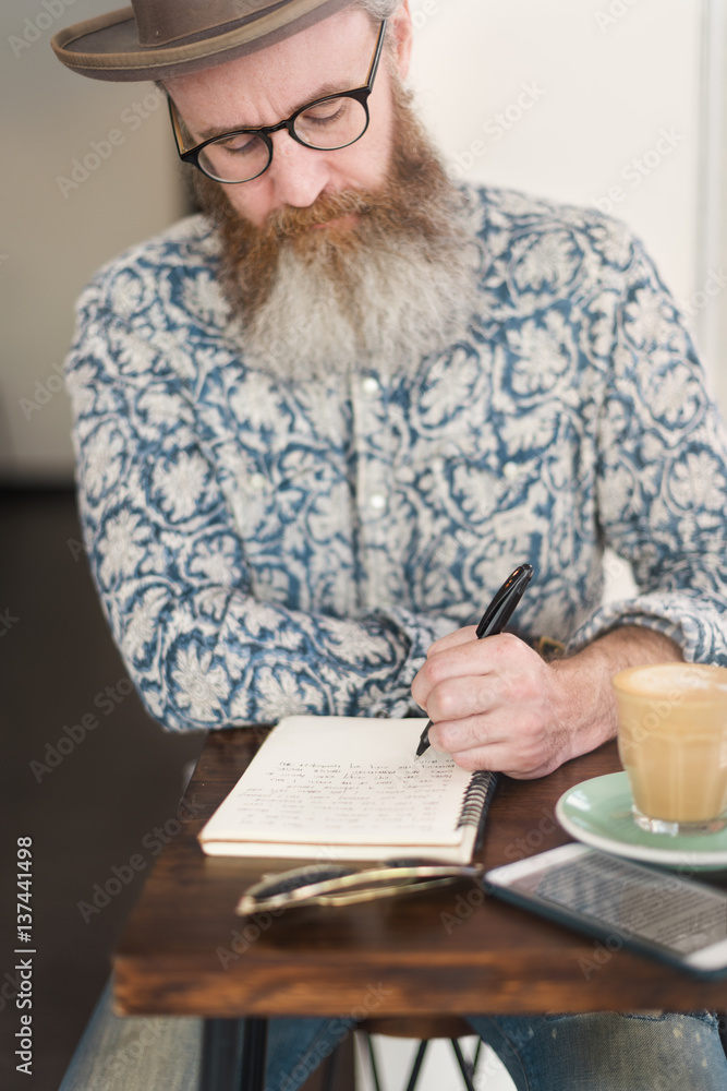 Senior Man Writing Working Coffee Shop Realxation Concept