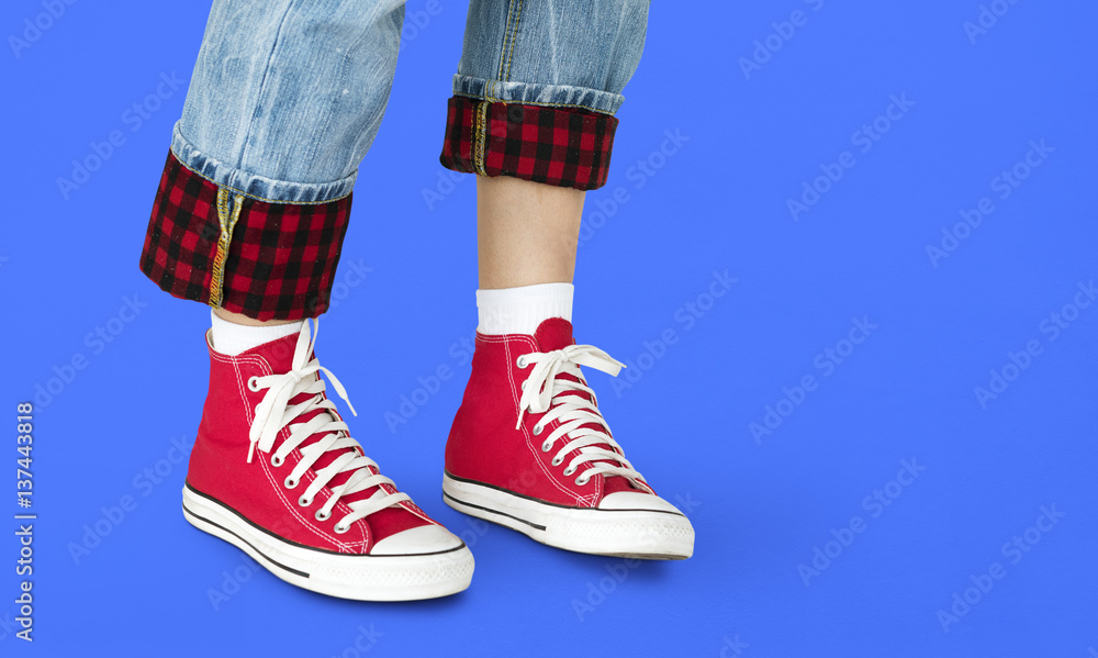 Sneakers Canvas Shoes Human Feet Legs Standing Concept