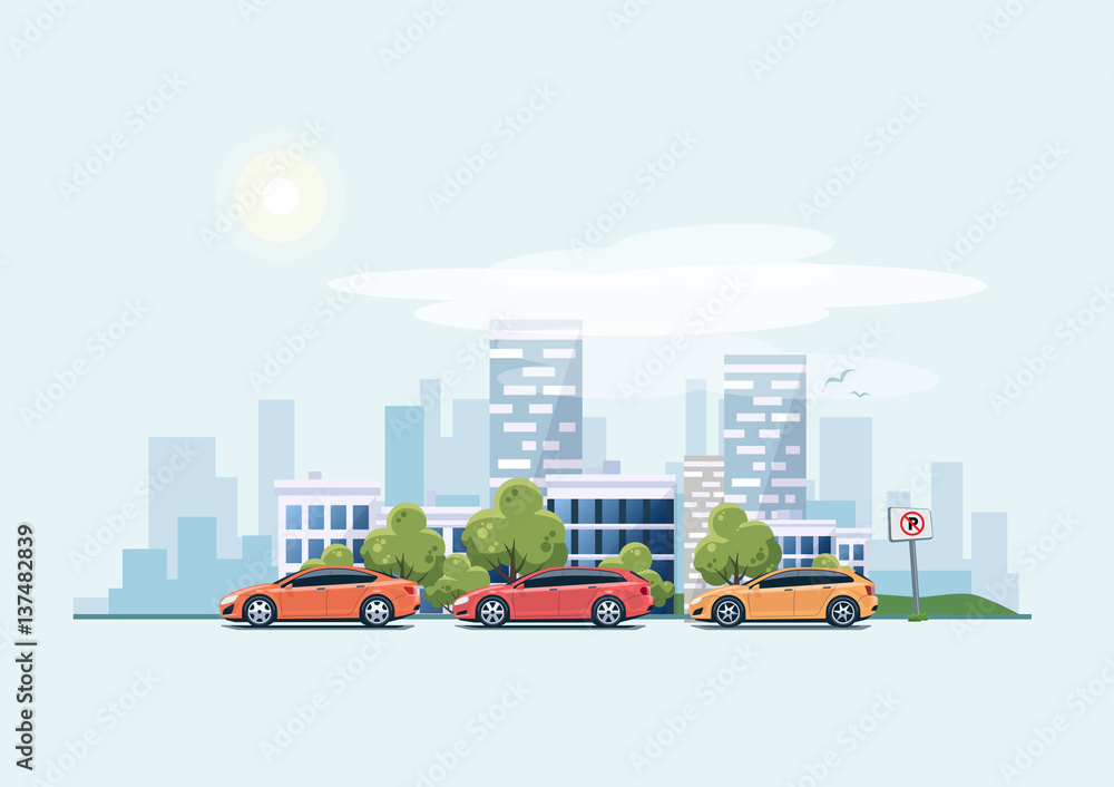 Parking Cars on the street with City Background