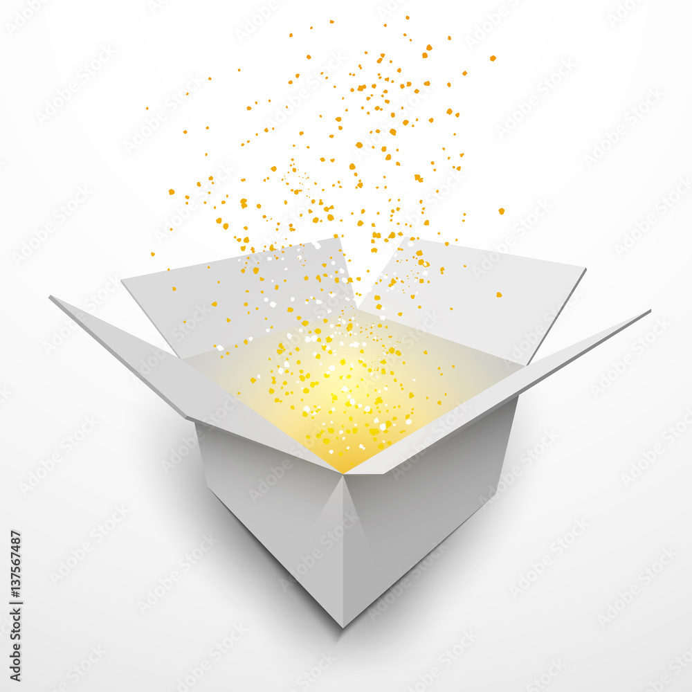 Open white gift box with magic light effect, vector illustration