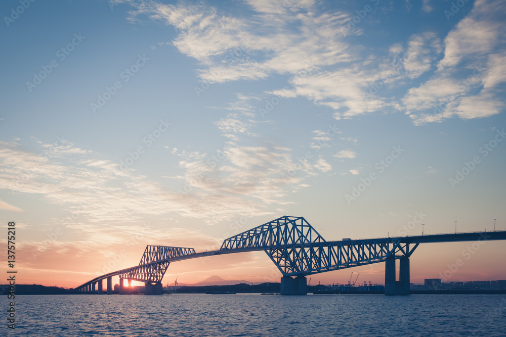 Tokyo gate bridge and Mt.Fuji at beautiful sunset in winter