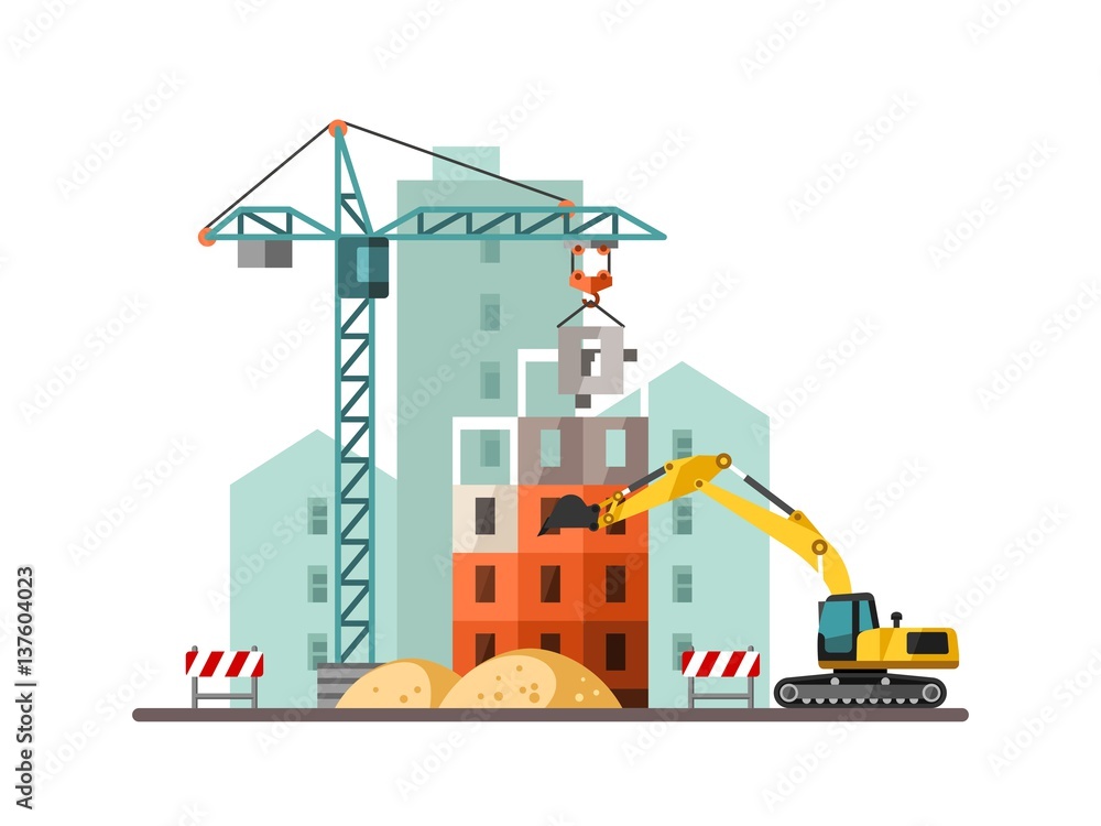 Building work process with houses and construction machines. Vector illustration.