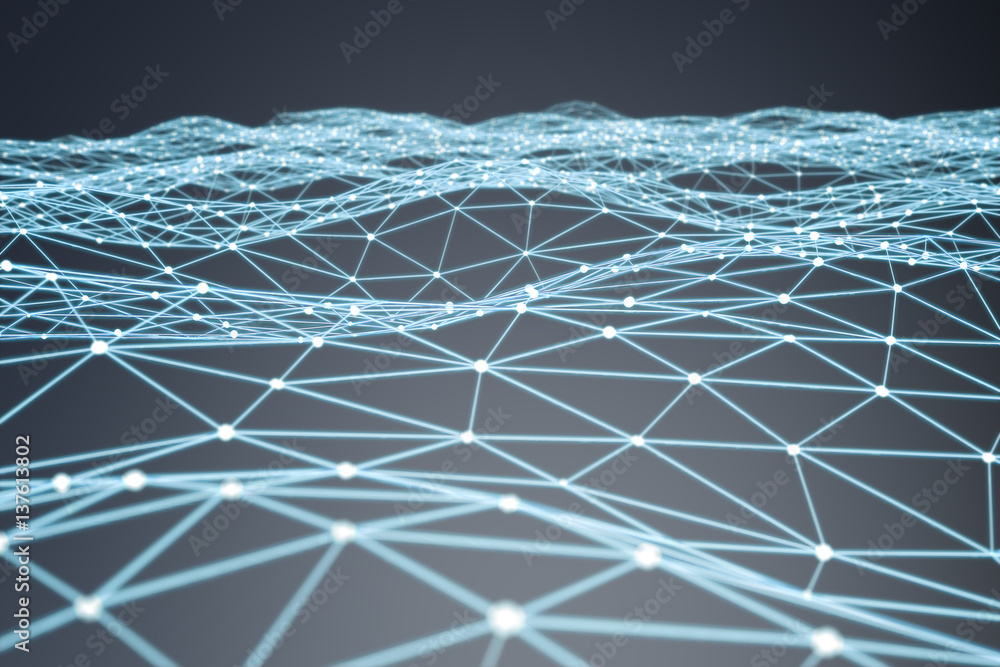 Floating white and blue glowing dot network 3D rendering