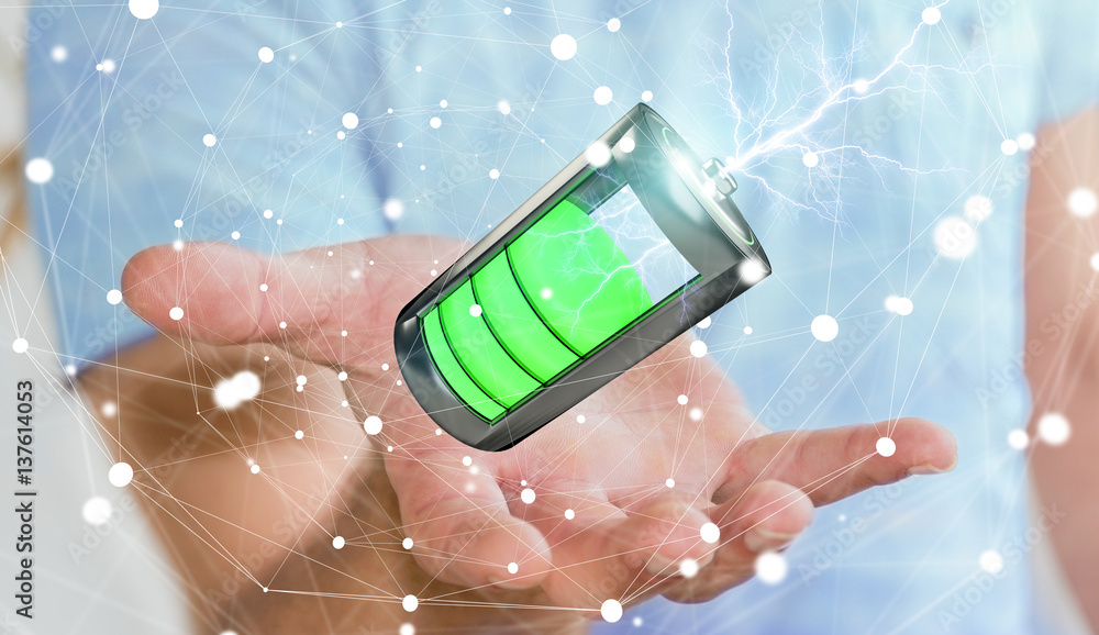 Man holding 3D render battery with lightning in his hand