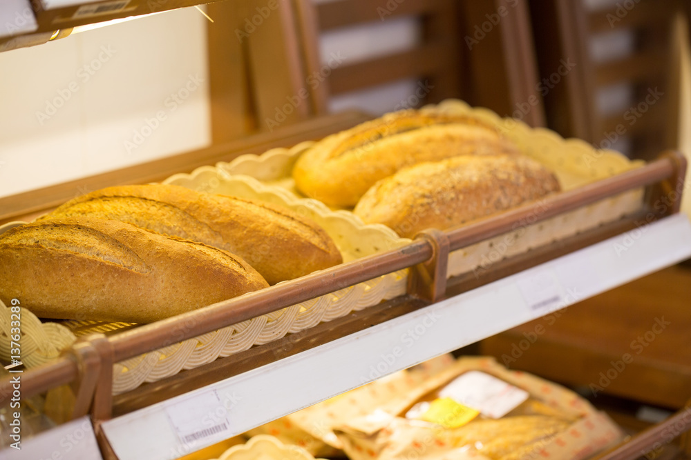 Variety of fresh bread in a supermarket