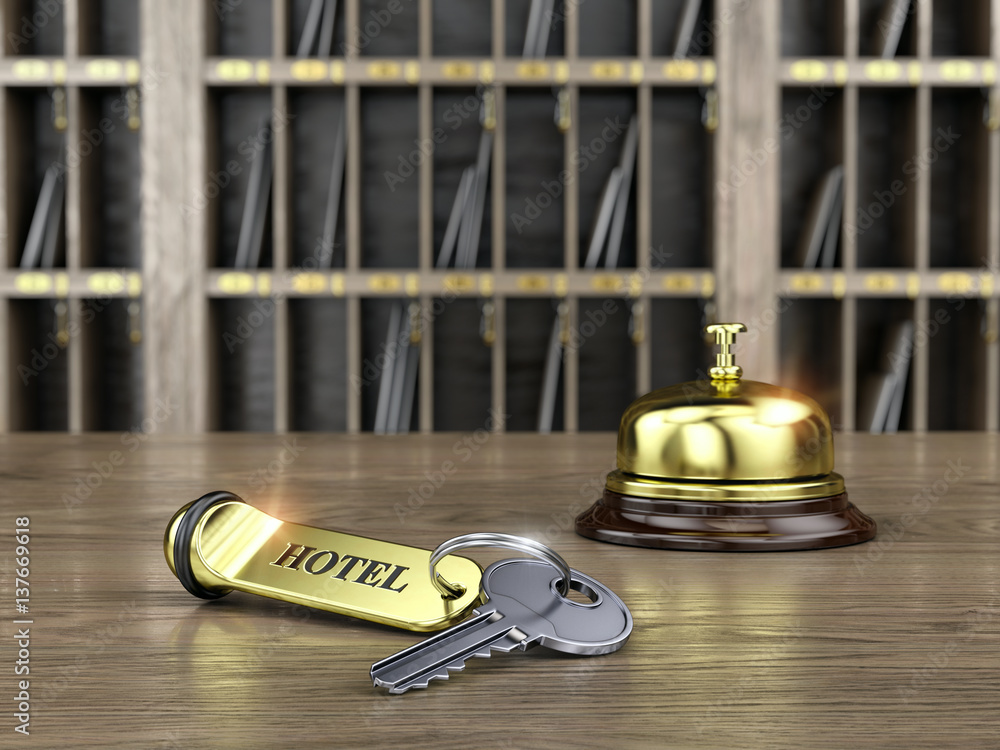 Hotel key and reception bell on reception desk - 3d render