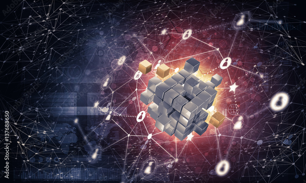 Concept of Internet and networking with digital cube figure on d