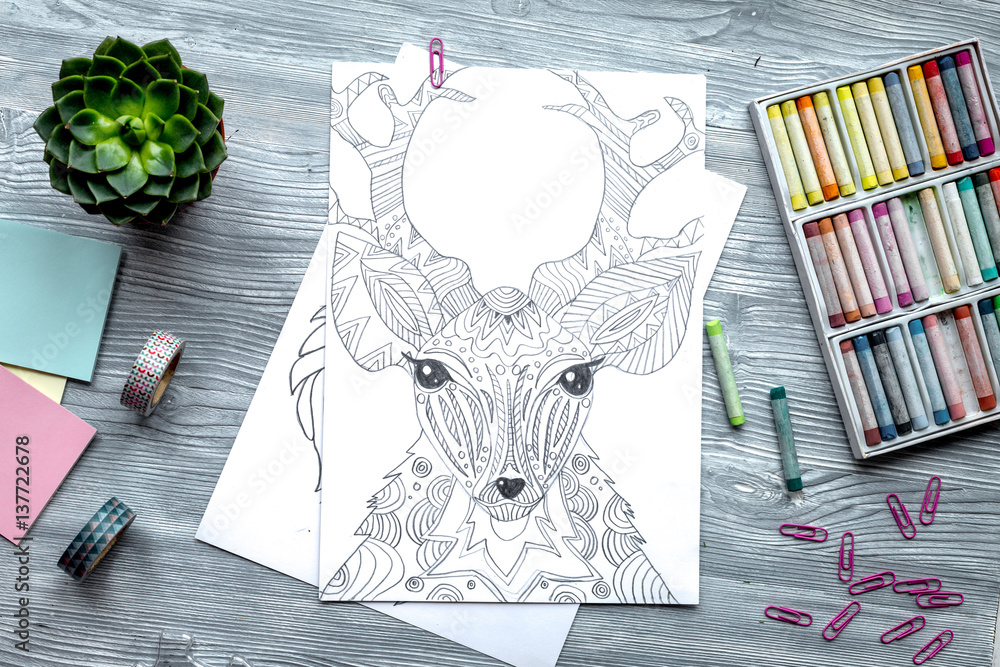 coloring picture for adults on wooden background top view