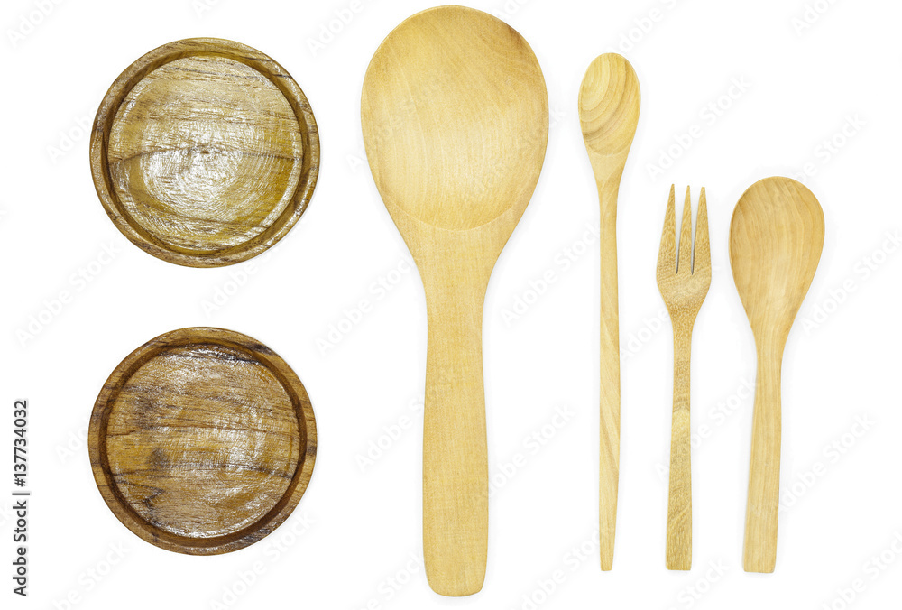 wooden spoons,fork  isolated on white