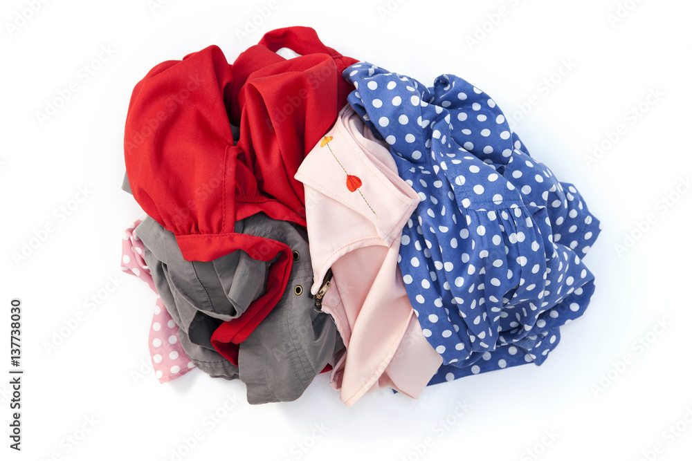 pile of dirty cloth laundry isolated on white background.