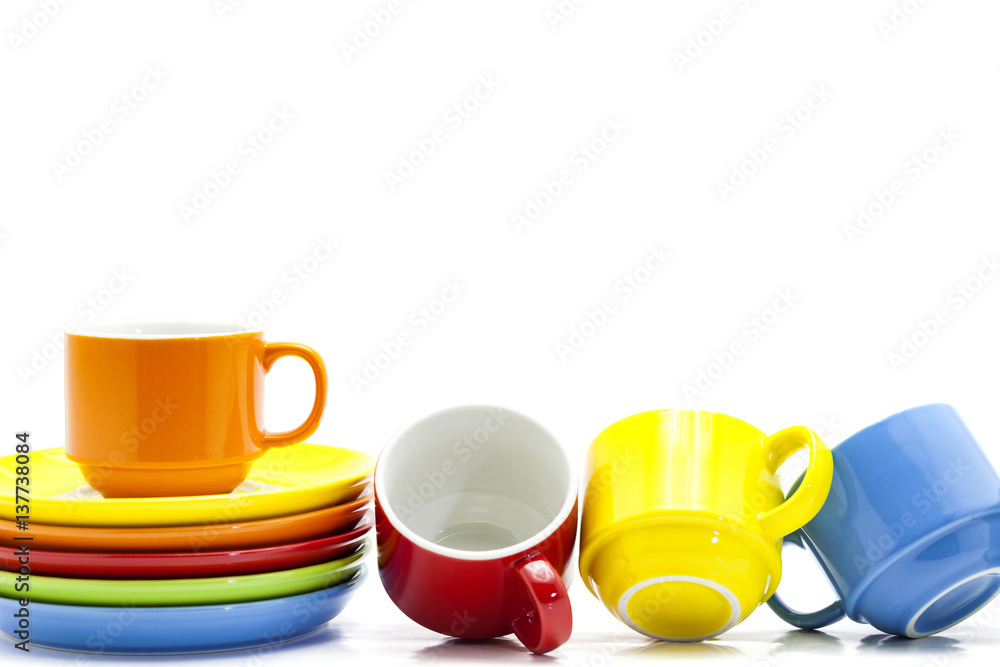 colorful coffee cups isolated on white background.