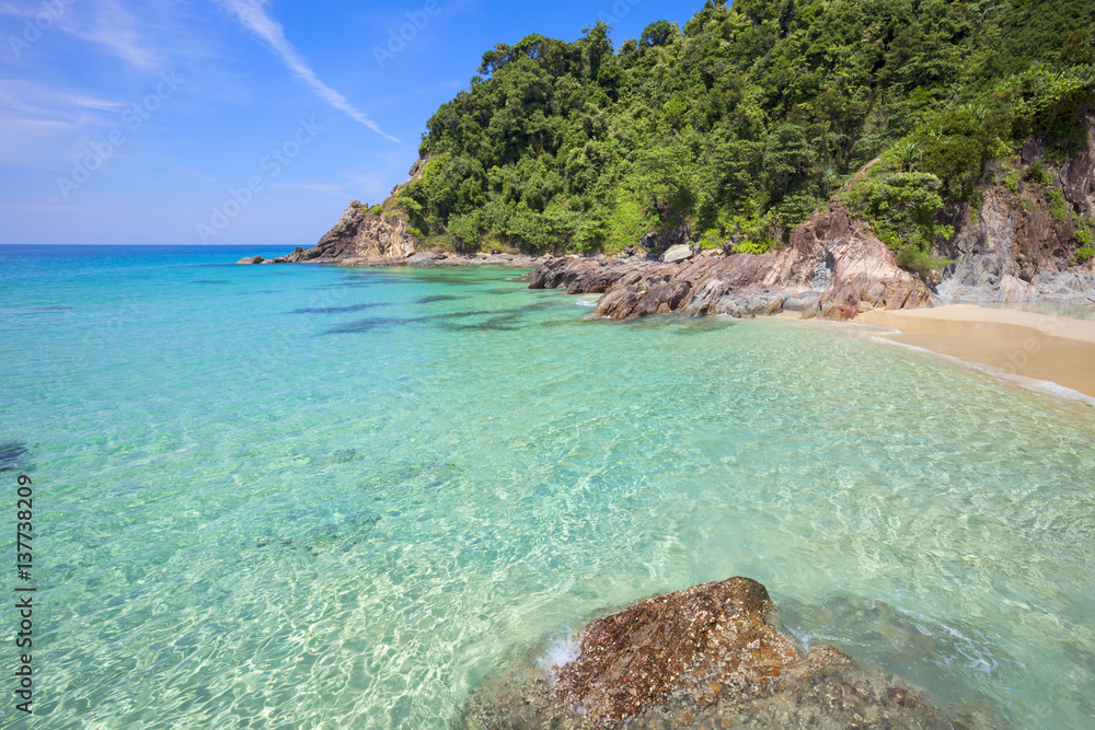 Seascape view with rocks,beautiful beach and sky ,nature background.