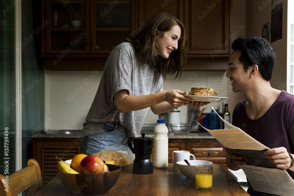 Coouple Eating Morning Breakfast Togetherness