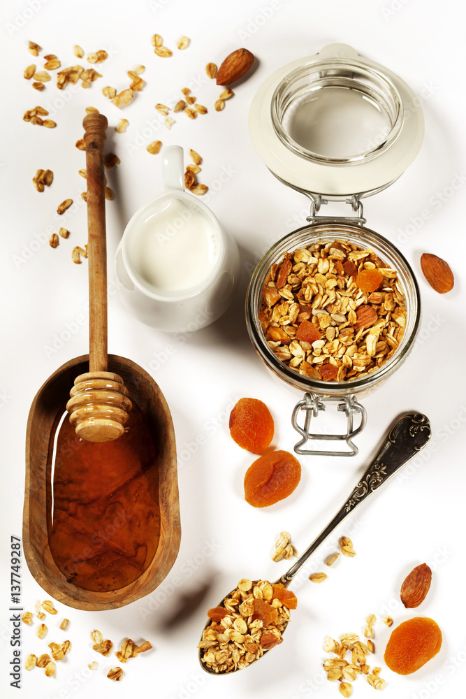 Healthy breakfast -  Homemade granola, honey and milk