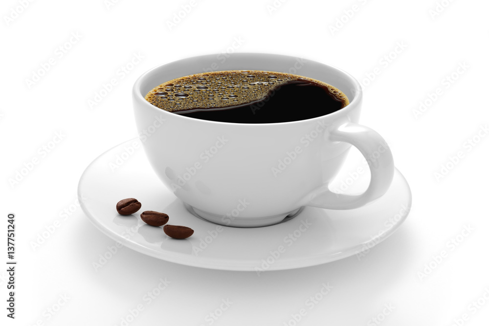 Cup of coffee with coffee beans isolated on white background