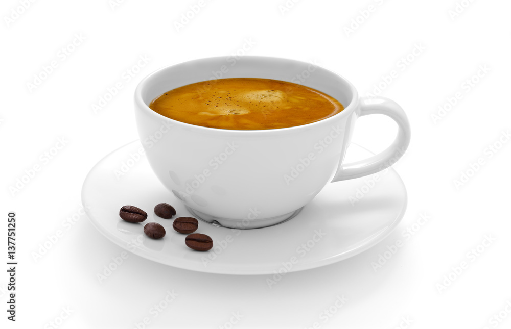 Cup of coffee with coffee beans isolated on white background