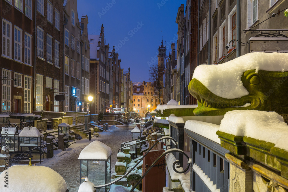 Mariacka street in Gdansk at snowy winter, Poland