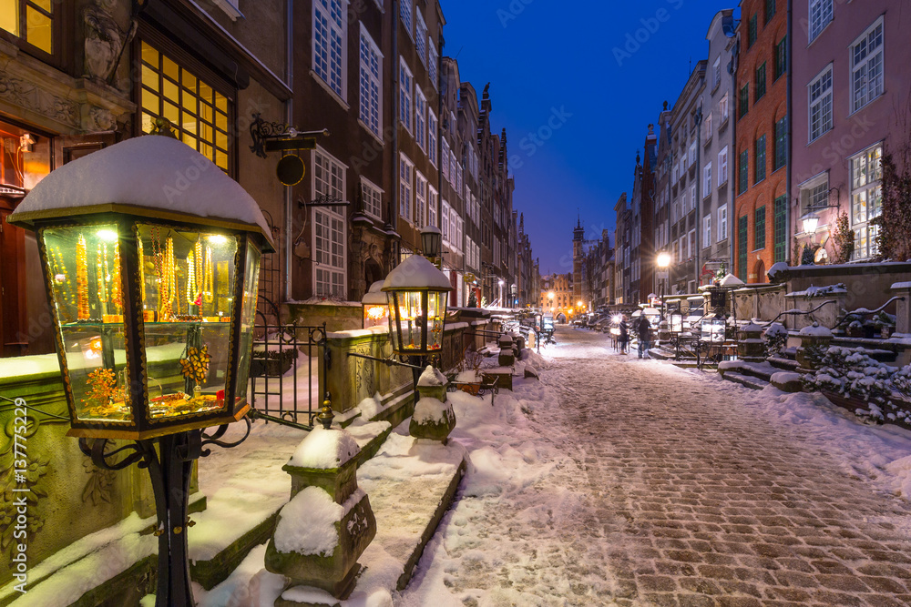 Mariacka street in Gdansk at snowy winter, Poland