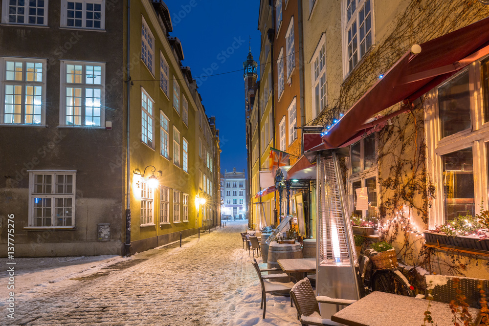 Old town of Gdansk in snowy winter, Poland