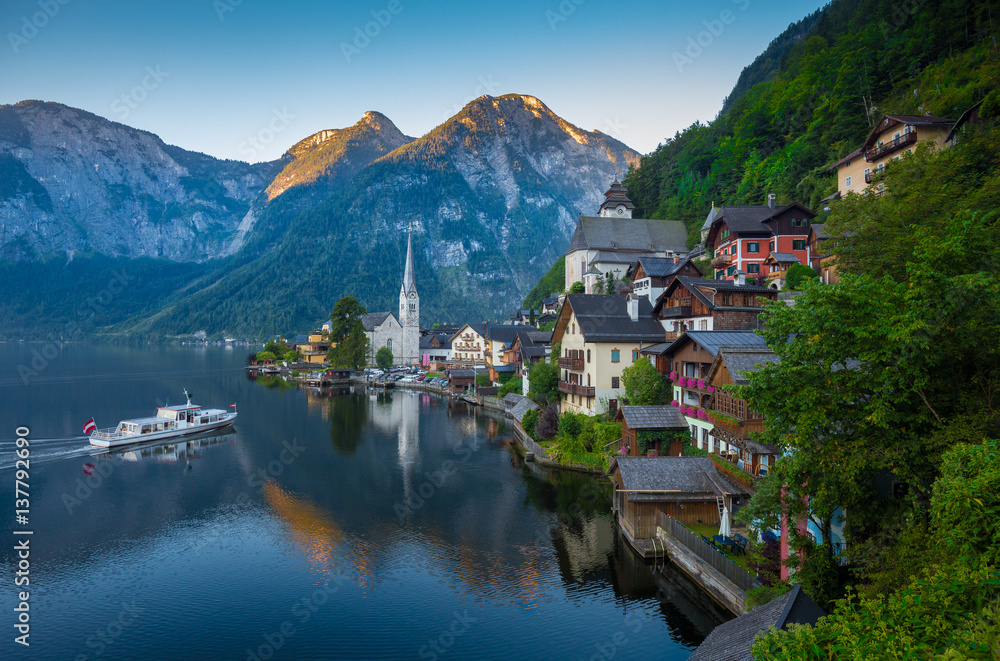 Postcard view of Hallstatt in summer, Salzkammergut, Austria