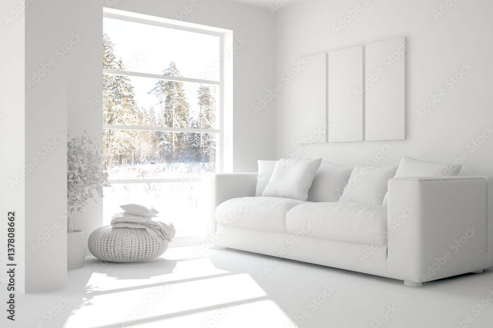 White room with sofa and winter landscape in window. Scandinavian interior design