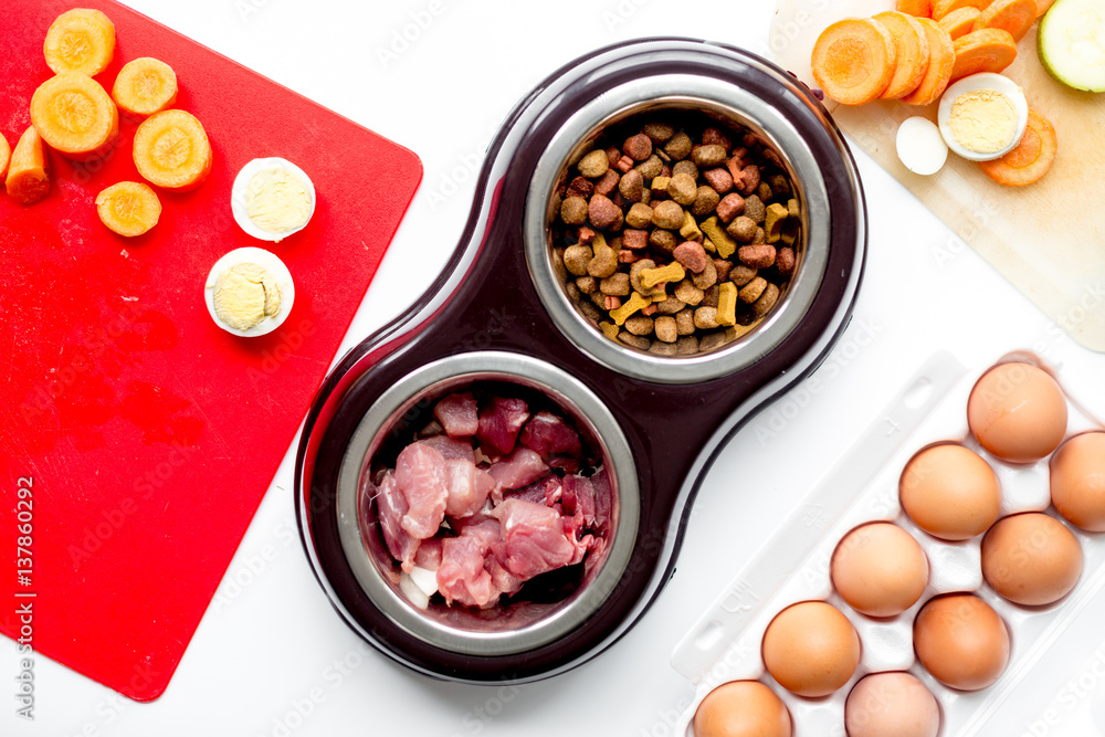 Dogfood, eggs, meat, carrot and courgette on table background top view