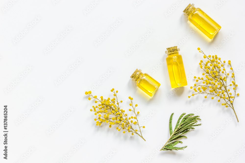 Natural cosmetic set with organic oil on white background top view mockup