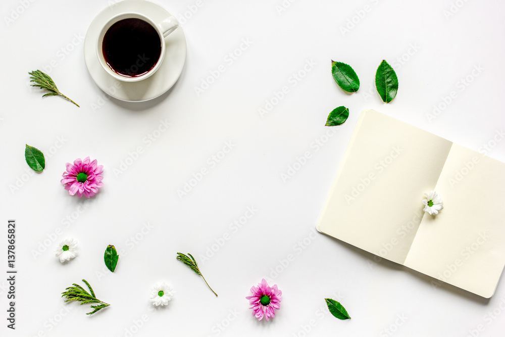 Flat lay with coffee and copybook top view mock up