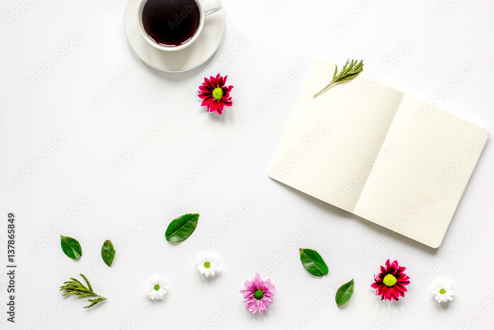 Flat lay with coffee and copybook top view mock up