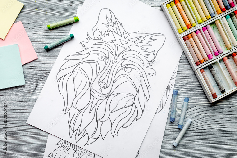 coloring picture for adults on wooden background top view