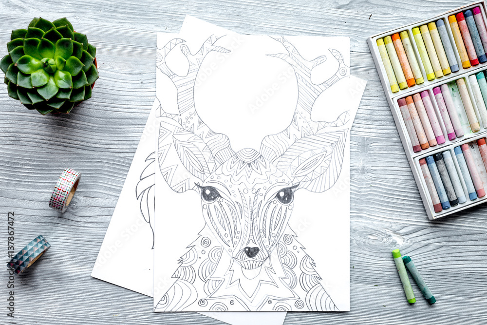 coloring picture for adults on wooden background top view