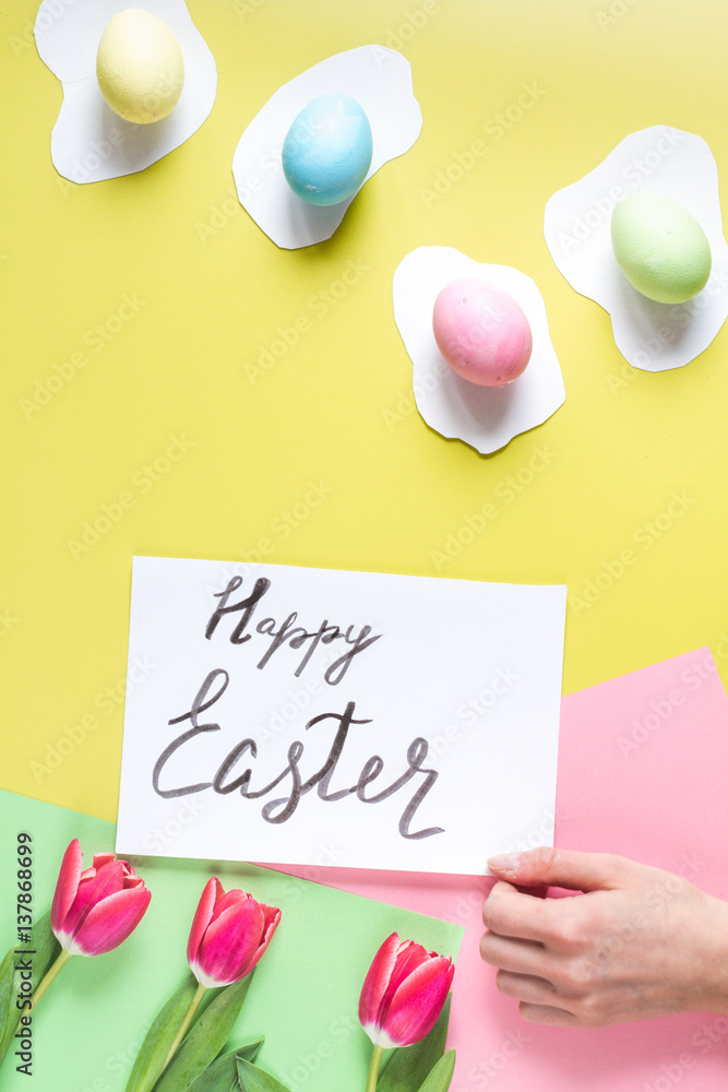 Easter concept on yellow background top view mockup