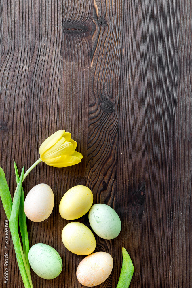 Easter concept eggs with tulip top view mock up