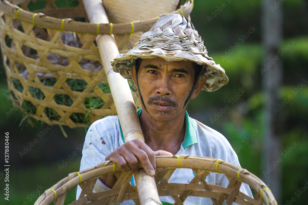 Balinese rice farmer with baskets.