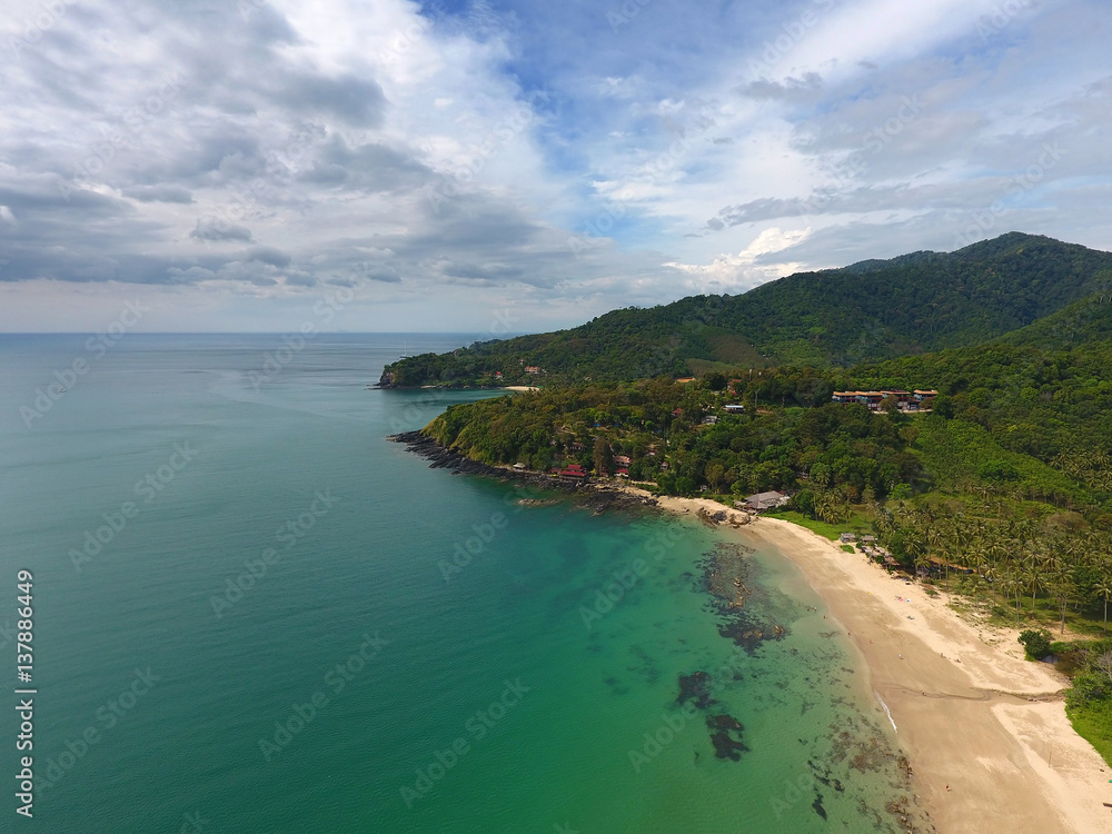 Aerial landscape with beach, rocks and sea