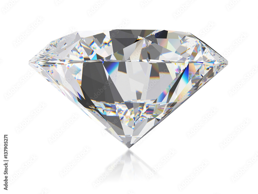 Diamond isolated on white background with soft reflection, 3d illustration. 