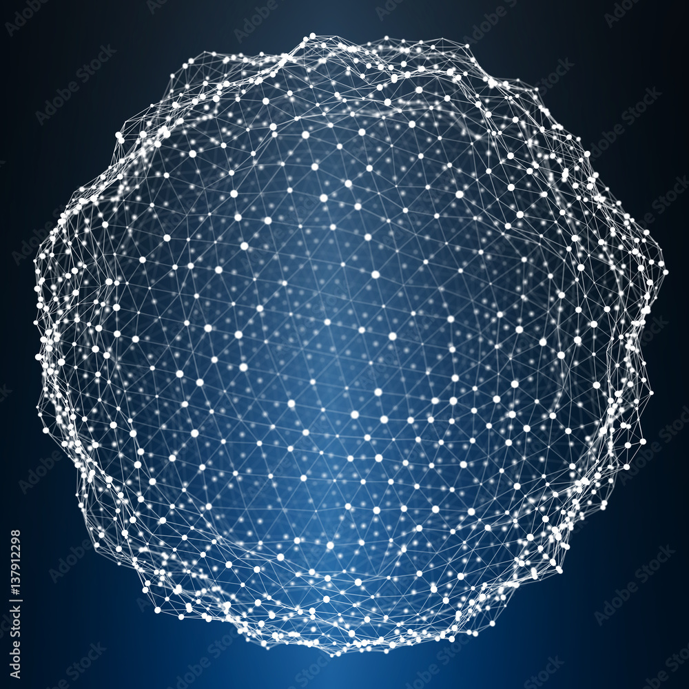 Floating white and blue glowing sphere network 3D rendering