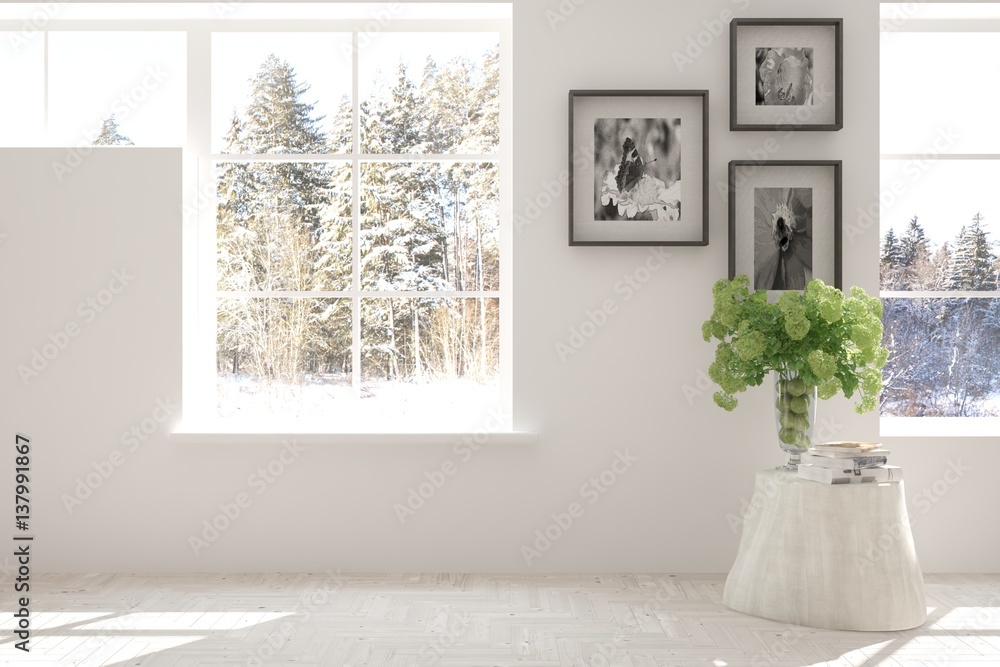 White empty room with winter landscape in window. Scandinavian interior design