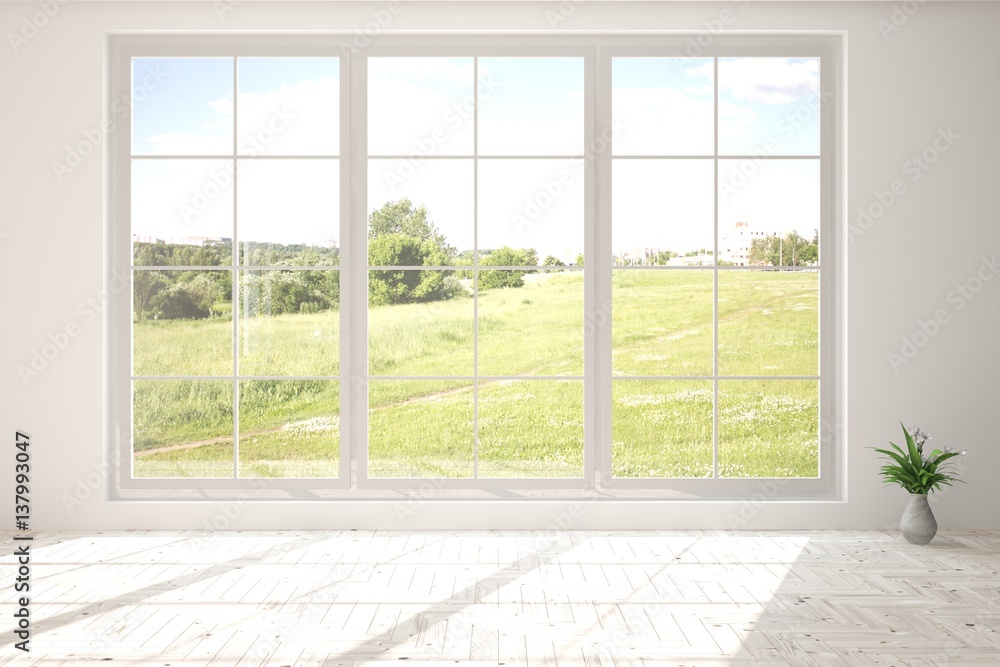 White empty room with green landscape in window. Scandinavian interior design