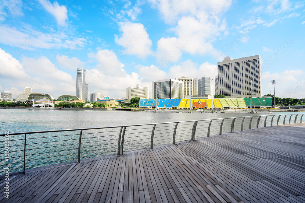 cityscape and skyline of modern city from wood footpath