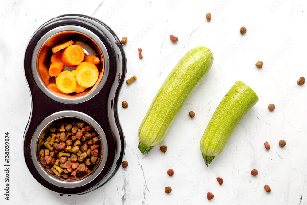 organic pets food with zucchini and carrot on table background top view mockup