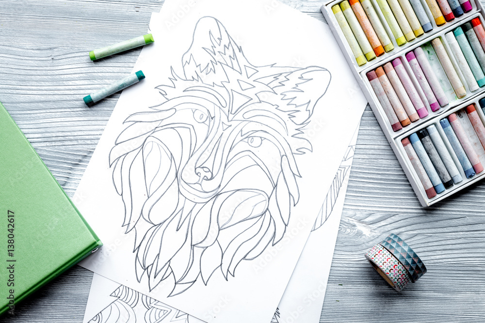 coloring picture for adults on wooden background top view