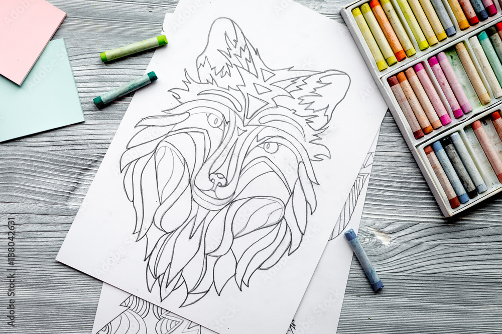 coloring picture for adults on wooden background top view