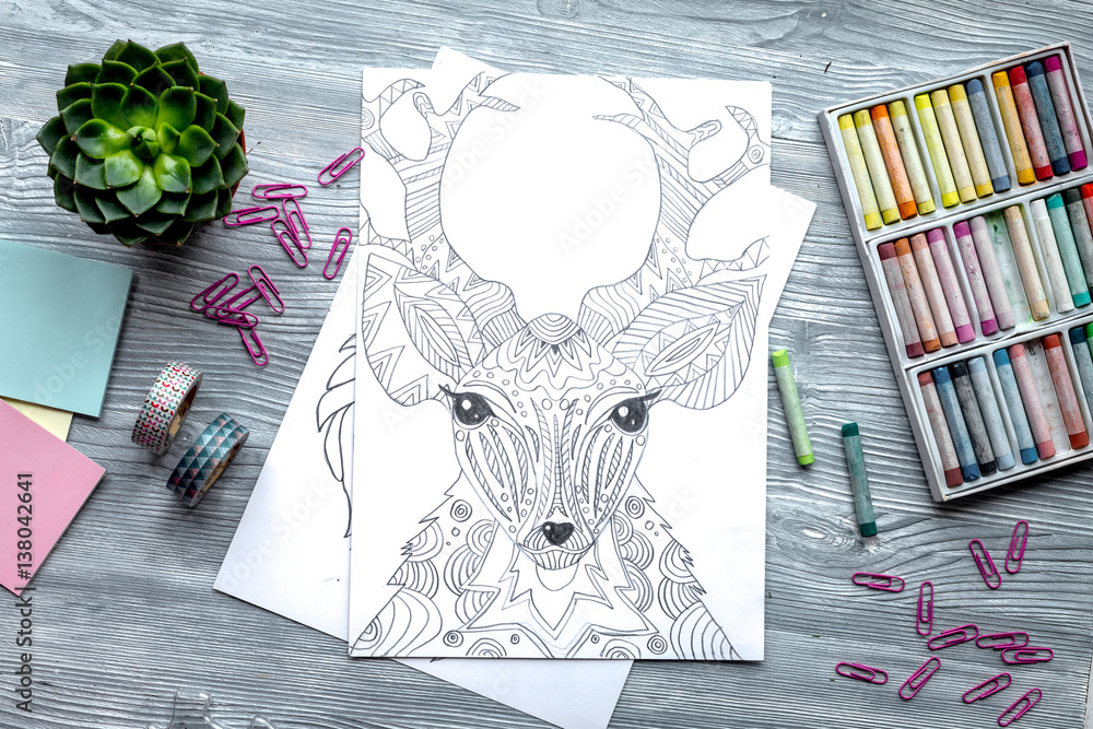 coloring picture for adults on wooden background top view