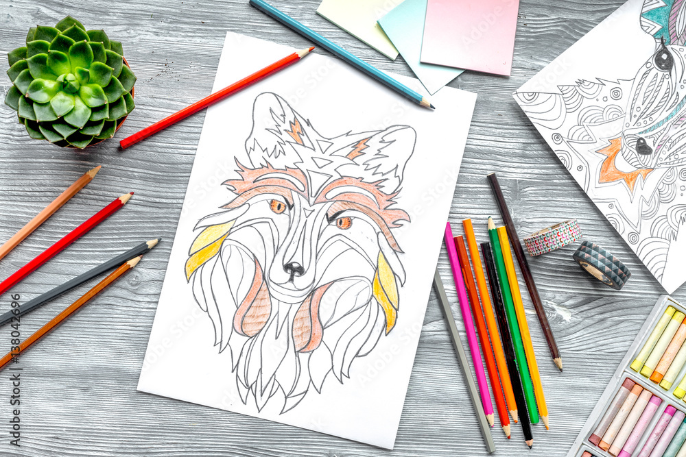 coloring picture for adults on wooden background top view