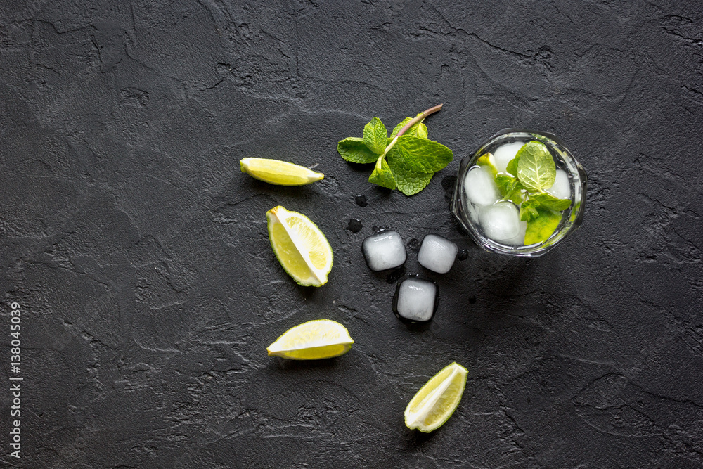 making mojito on dark background top view