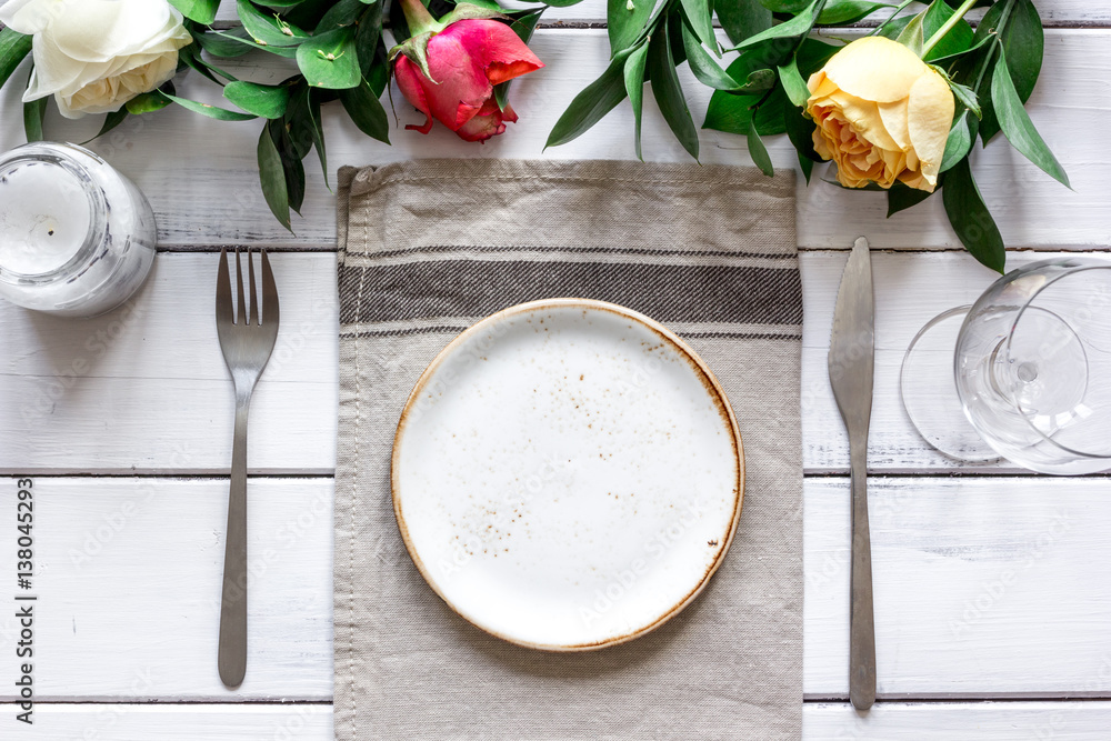 ceramic tableware top view on wooden background mock up